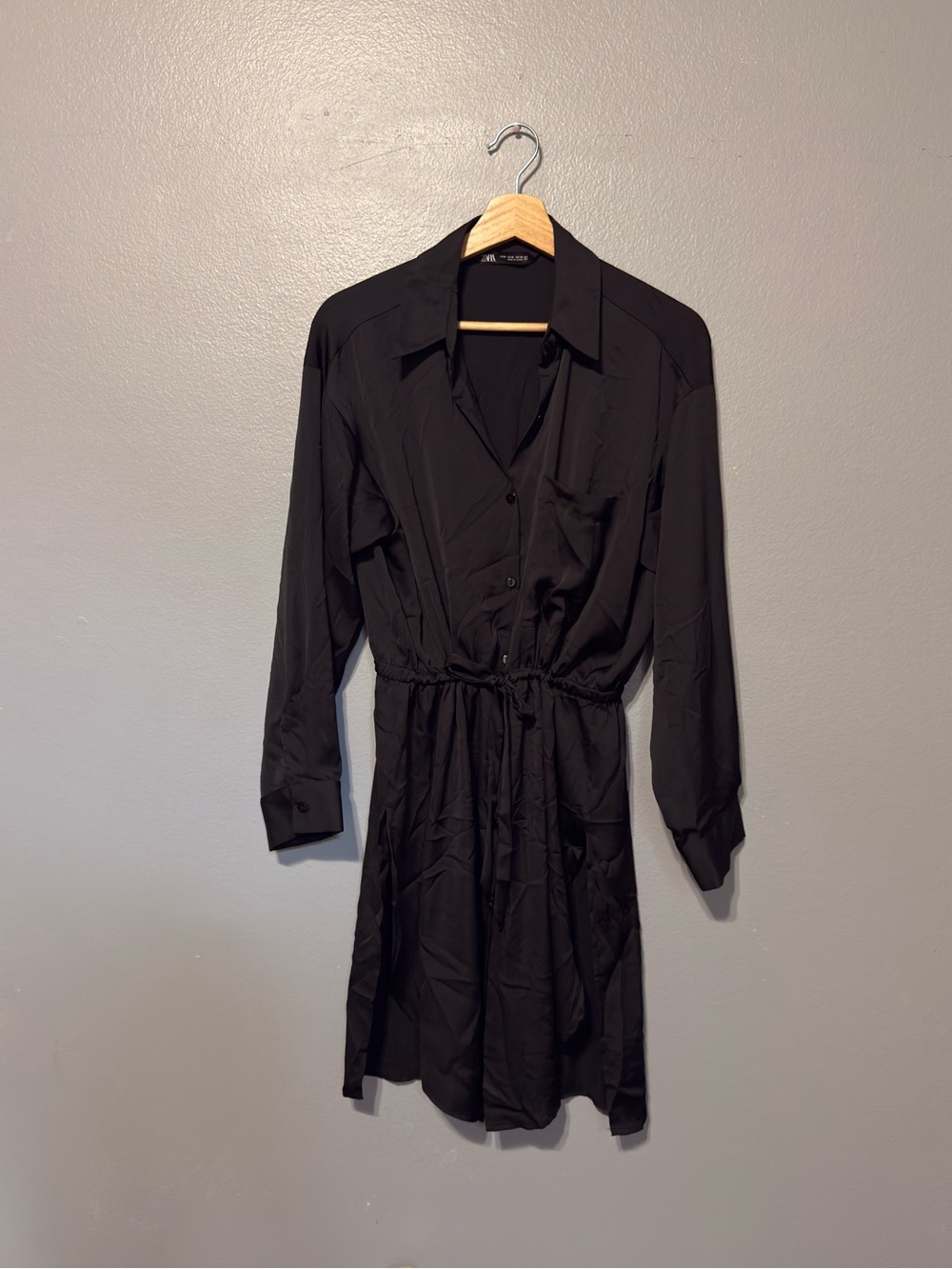 Zara Black Long-Sleeve Shirt Dress with Drawstring Waist